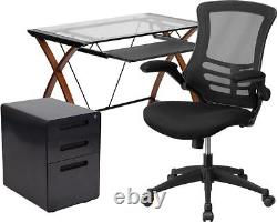 Work From Home Kit Glass Desk withKeyboard Tray, Ergonomic Mesh Office Chair & F